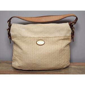 FOSSIL Explorer Foldover Flap Leather and Textured Canvas Cotton Shoulder Bag